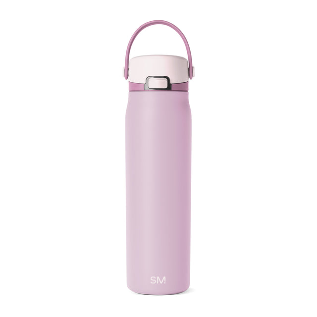 Tall insulated water bottle in soft mauve pink with cream-colored top and rounded cap, cylindrical body with flat bottom, displayed against white background