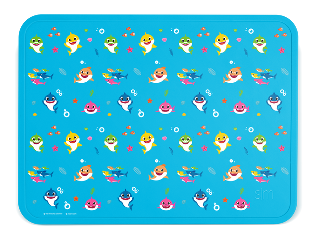 Bright turquoise blue background with colorful characters and design elements