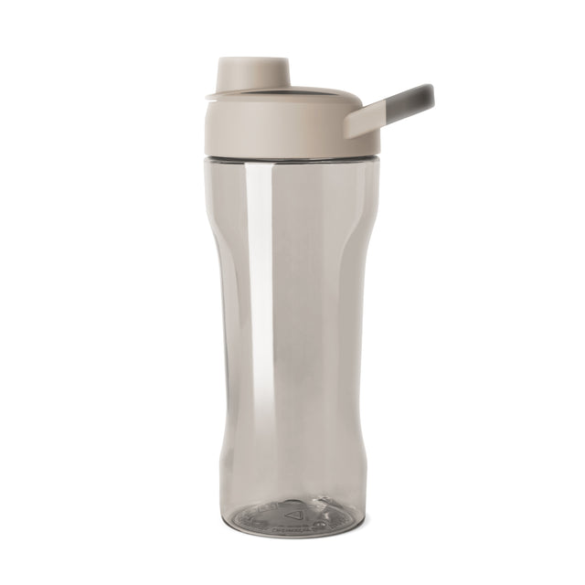 Translucent frosted plastic skincare bottle with warm greige and cream tones, featuring a clear body and matching top cap against a neutral background