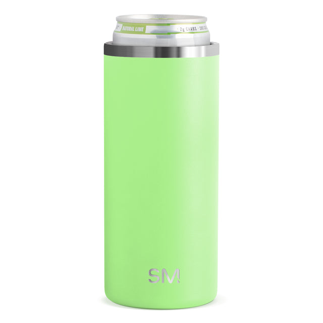 Neon lime green cylindrical beverage cooler with brushed stainless steel rim bands at top and bottom