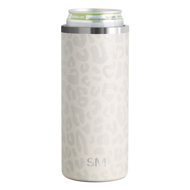 Cream-colored insulated can cooler with tonal leopard print pattern on white background