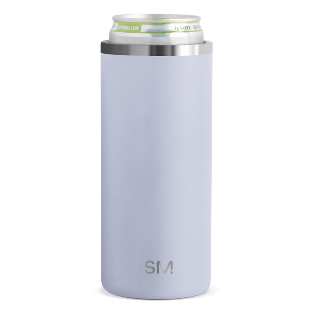 Tall cylindrical sleeve with soft pale periwinkle blue body and polished stainless steel band across the top