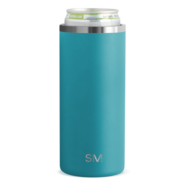 Tall cylindrical beverage cooler sleeve in vibrant turquoise blue with brushed stainless steel band, centered on white background.