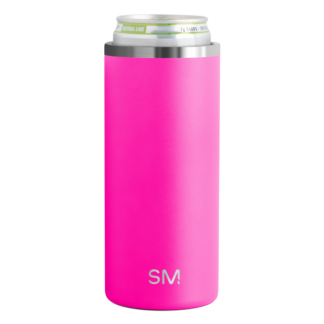 Magenta cylindrical product with stainless steel rim and lime green accent detail