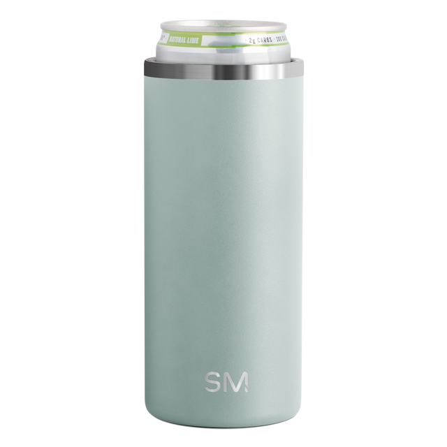 Slim cylindrical sage green neoprene can cooler with brushed stainless steel bands at top and bottom rims