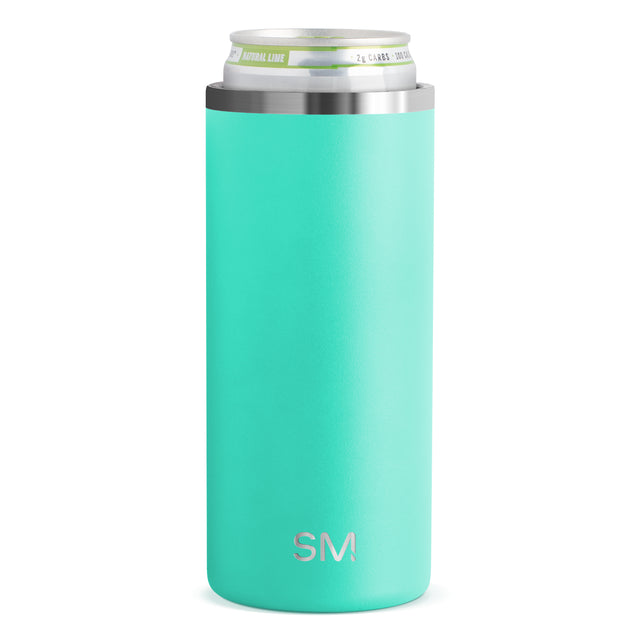 Turquoise slim cylindrical beverage can cooler with matte textured exterior surface