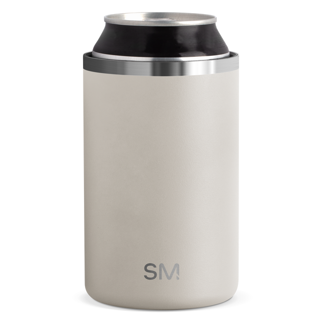 Cream-colored RGR-STN-ALB-M with brushed stainless steel bands at top and middle sections, black interior can visible at top opening.