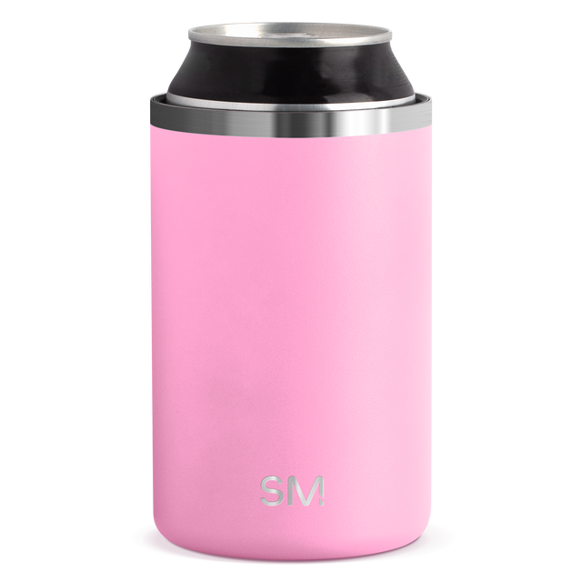Pink cylindrical brand can cooler with white background, minimalist studio photography style