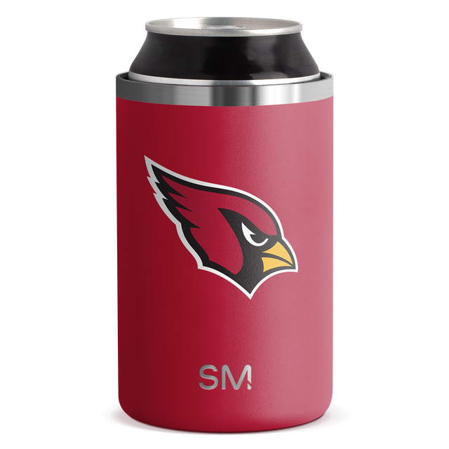 Cardinal red cylindrical beverage holder with metallic silver rim and band accents, black logo detailing