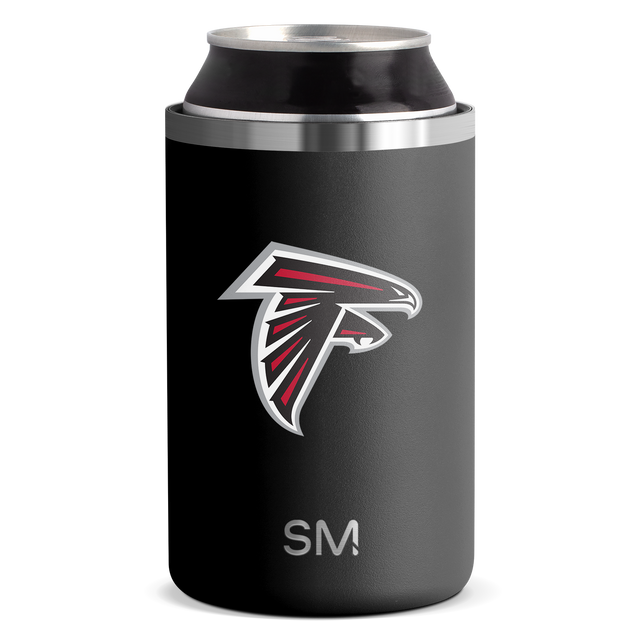 Charcoal gray container with brushed stainless steel bands on upper and lower rim, featuring white outlined logo with red accents.