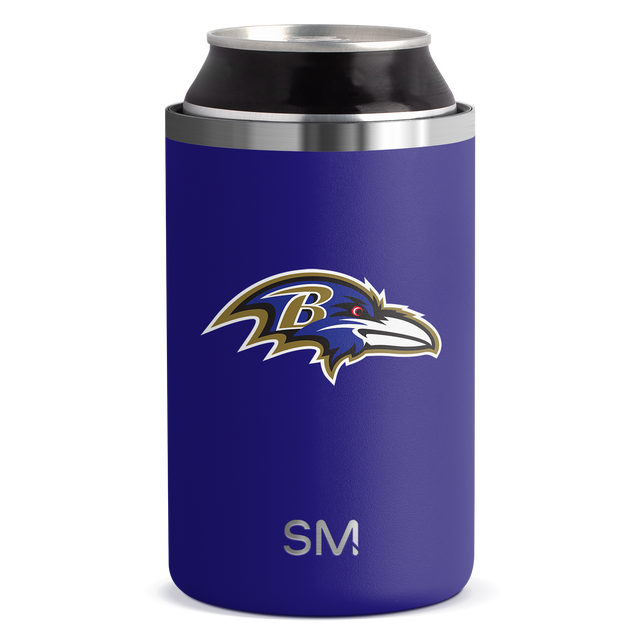 Deep purple can cooler sleeve with metallic silver and brushed steel accents at the rim and bottom band