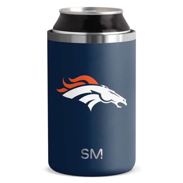 Stainless steel can cooler with deep navy blue matte exterior sleeve on white background