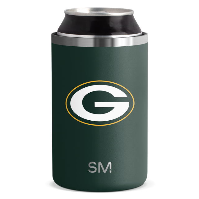 Forest green can cooler with brushed stainless steel band at rim and white logo with golden yellow oval accent