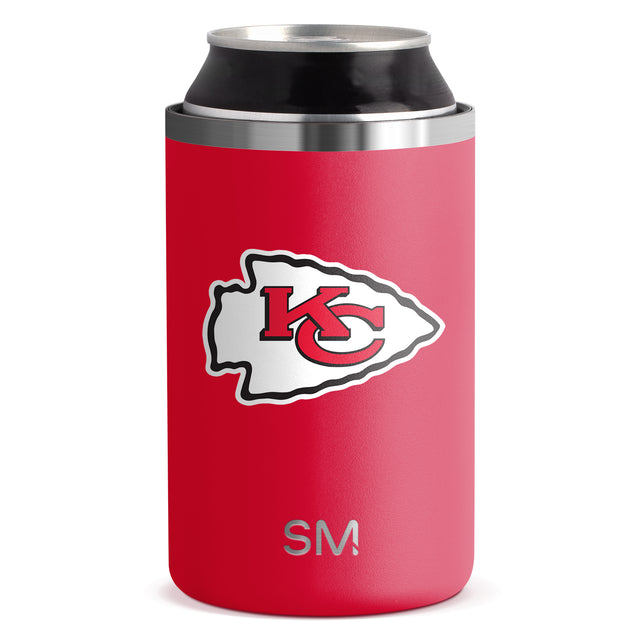 Red can cooler with stainless steel silver rim and base, featuring black interior insulation material