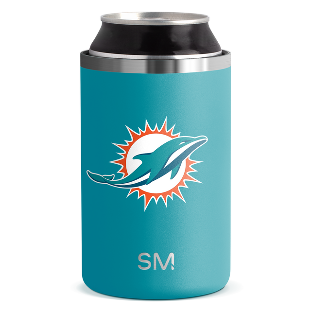 Turquoise teal blue aluminum can with bright orange and white logo design and accents on top rim
