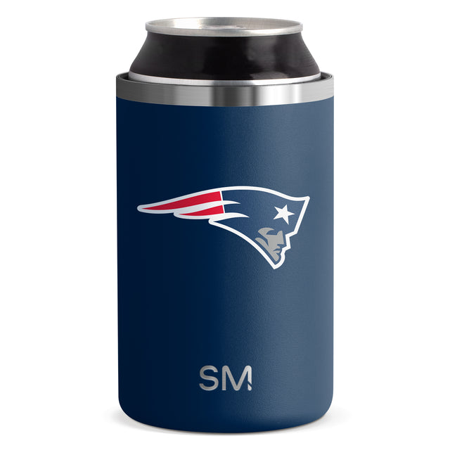 Navy blue stainless steel can cooler with silver metallic rim and brushed aluminum band on white background.