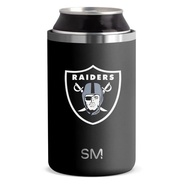 Black neoprene can cooler with brushed stainless steel band and base ring on white background