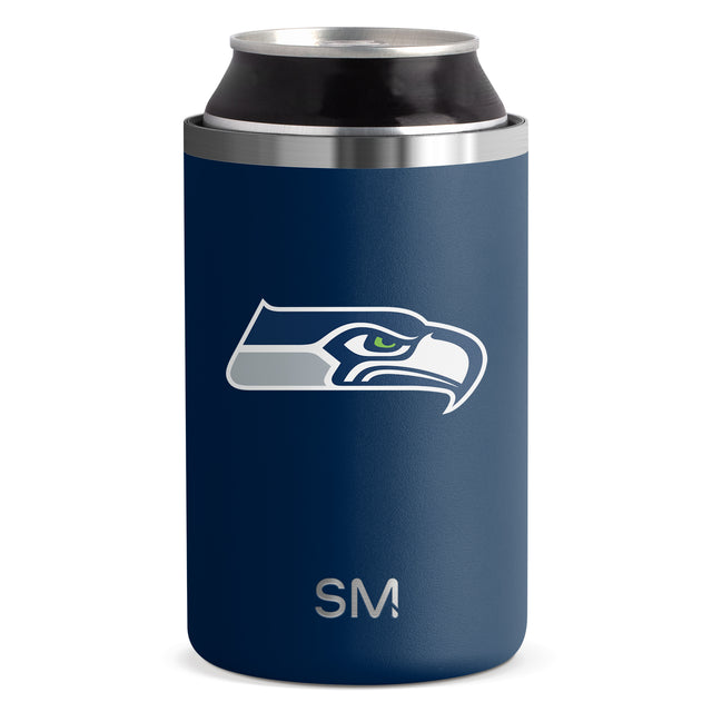 Stainless steel can cooler with deep navy blue neoprene sleeve and brushed silver metal band around top, displayed against white background