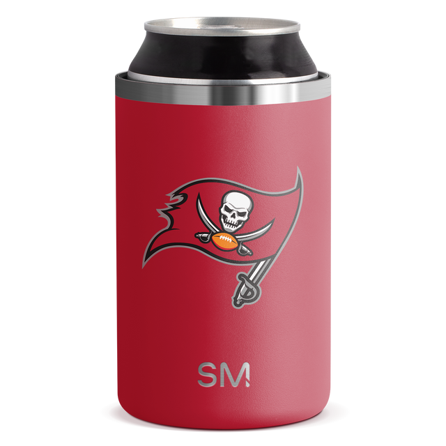 Red-coral cylindrical can cooler with polished stainless steel trim rings at top and bottom
