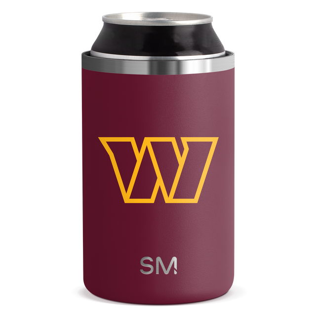 Burgundy insulated beverage sleeve with brushed texture and brushed aluminum detail on white background
