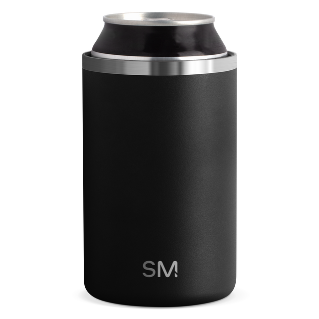 Matte black cylindrical brand can cooler displayed against white background