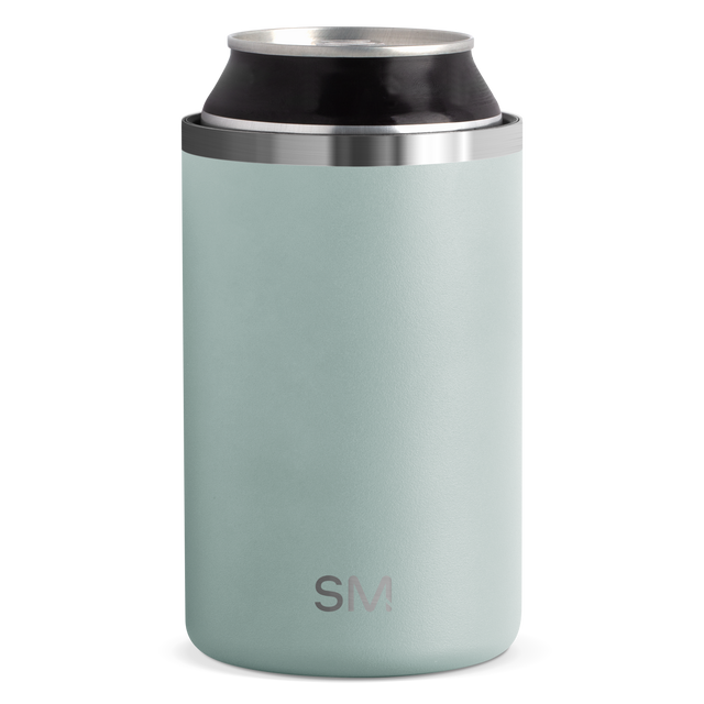 Sage green insulated can cooler with brushed stainless steel bands at top and middle sections