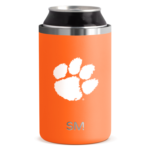 Bright orange beverage container with silver metallic accents on rim and middle band
