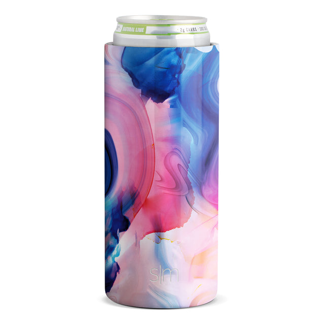 Colorful beverage can sleeve with abstract watercolor design in deep blue, hot pink, magenta, and lilac with bright lime green text