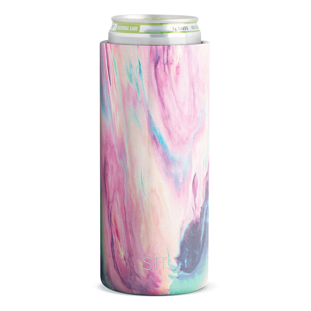 Soft pink beverage can sleeve with watercolor-style swirling patterns in lavender, purple, teal, turquoise, and cream colors blending across the design.