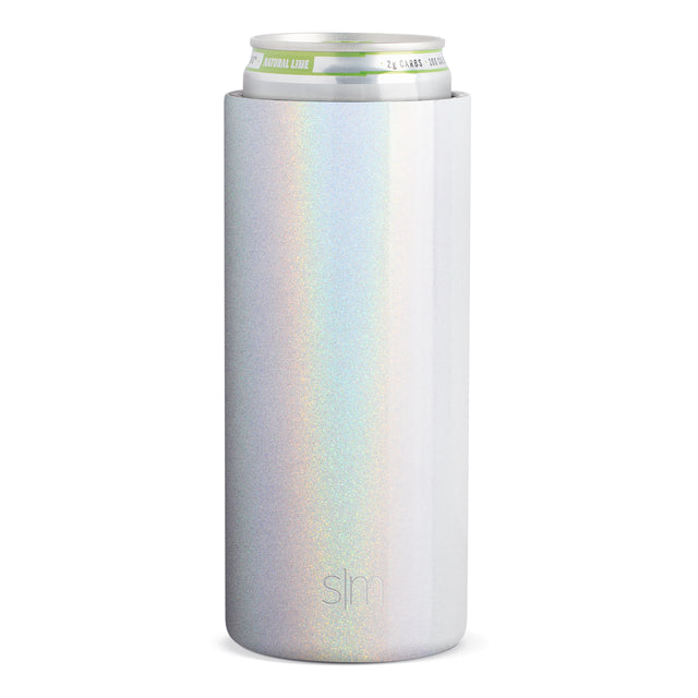 White holographic can holder with rainbow shimmer effect holding a bright aluminum beverage can