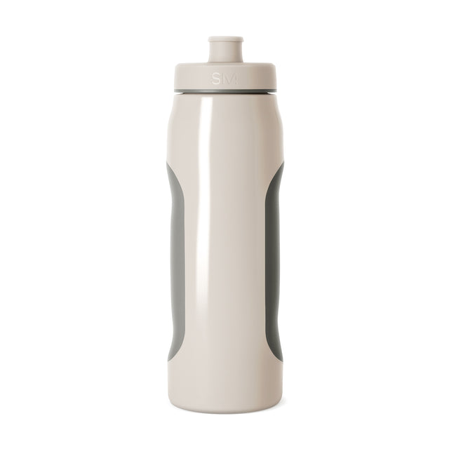 Cream-colored water bottle with sage gray grip panels and dark accents, shown against a neutral background