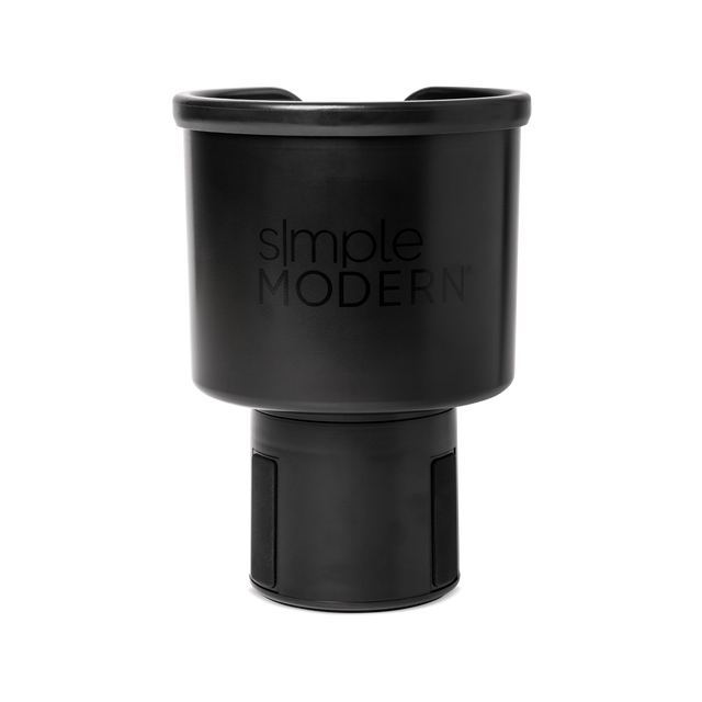 Black insulated travel mug with glossy rim and matte finish body, front view