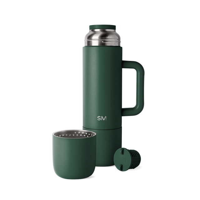 Sage green insulated thermos set with brushed stainless steel accents, including matching cup base and removable cap