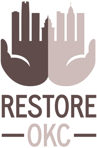 RestoreOKC logo featuring two-tone brown design with deep chocolate brown on left and dusty mauve-taupe on right, creating complementary earth tones.