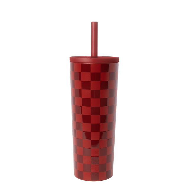Red and burgundy checkerboard tumbler with solid matte red lid and straw