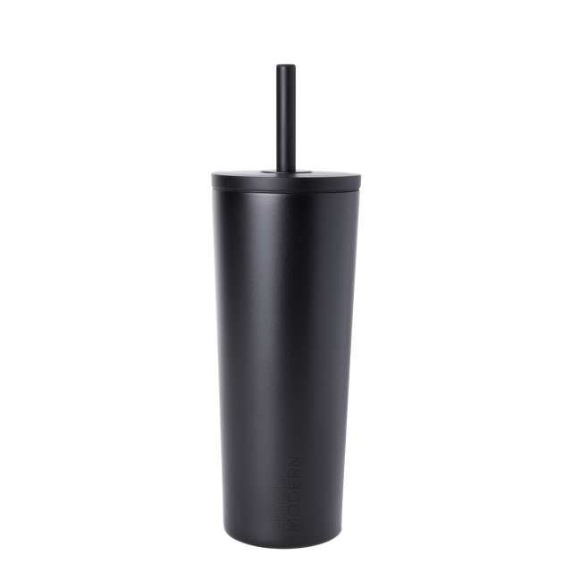 Matte black reusable cup with matching black straw on white background