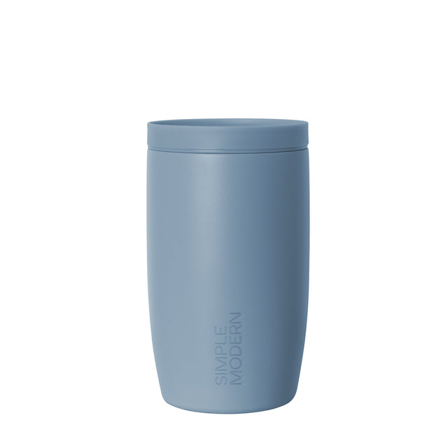 Slate blue cylindrical tumbler with matching lid and matte finish