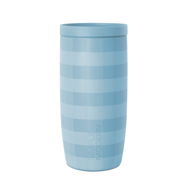 Blue-gray striped ceramic mug with horizontal light blue and teal stripes on cylindrical body