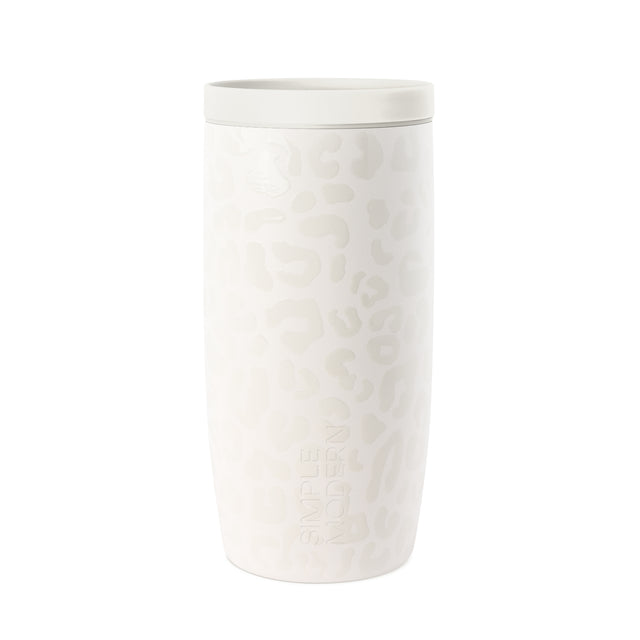 White cylindrical beverage tumbler with subtle embossed leopard print texture pattern