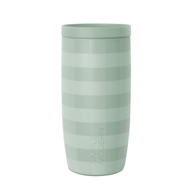 Sage green insulated tumbler with alternating horizontal stripes in light mint and forest green tones