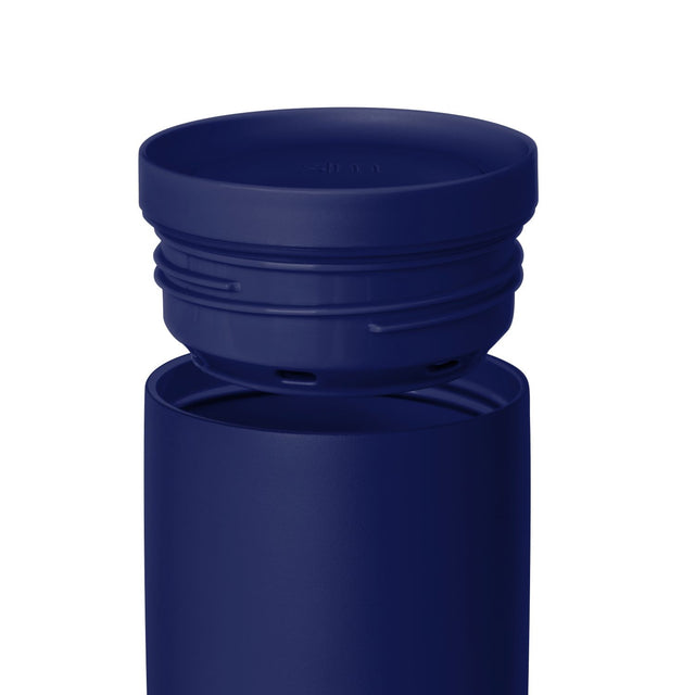 Deep navy blue water bottle with 360-degree design against white background
