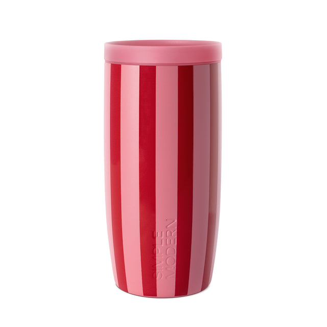 Red and pink striped 16oz tumbler with bold vertical stripes in deep red and light pink alternating pattern