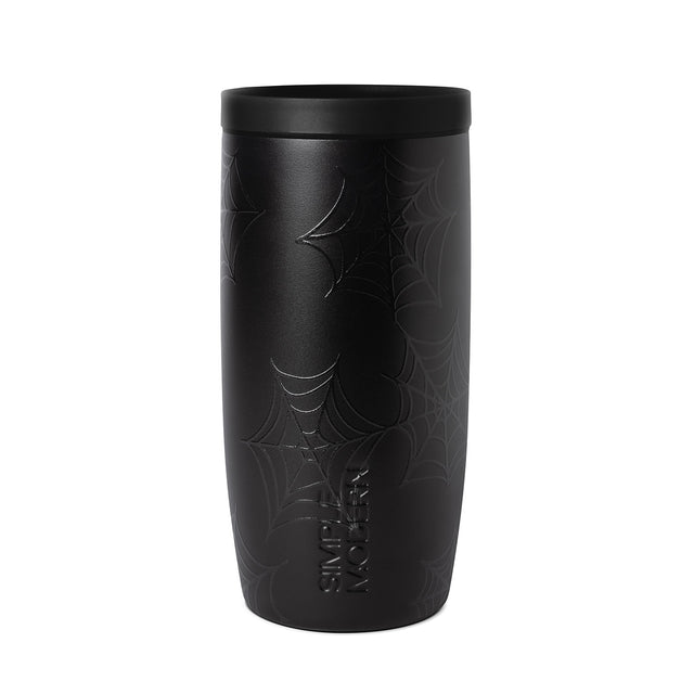 Matte black cylindrical container with dark gray tones and metallic accents, featuring a pronounced black rim on the lid.