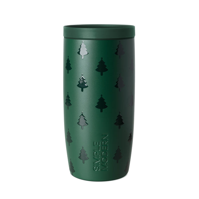 Hunter green water bottle with forest green and black tree pattern design, featuring gray and white accents on trees