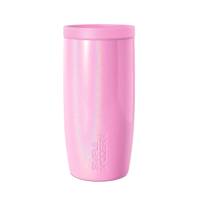 Soft bubblegum pink tumbler with vertical white and silver iridescent glitter stripes creating a shimmering effect down the body of the cup.