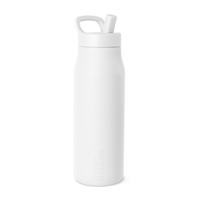 White cylindrical water bottle with integrated arched handle on lid and attached white straw, modern design.