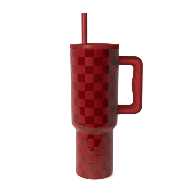 Deep red checkered tumbler with burgundy and maroon tones in alternating pattern for textured visual effect