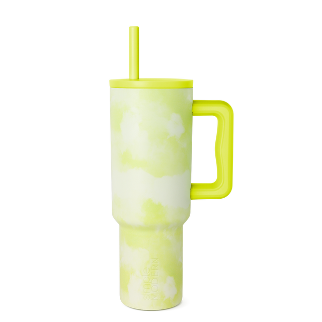 Lime green and white tie-dye pattern tumbler with neon green bold blocks and organic shapes on cream background