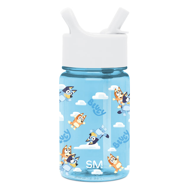 Sky blue water bottle with white lid and handle, featuring white clouds and blue text design elements.