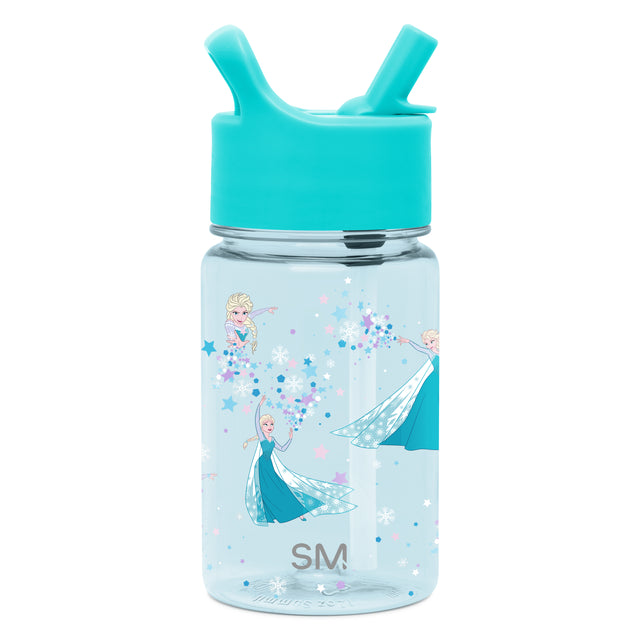 Turquoise cap and lid on a pale blue translucent bottle with teal, white, pink, and purple graphic accents
